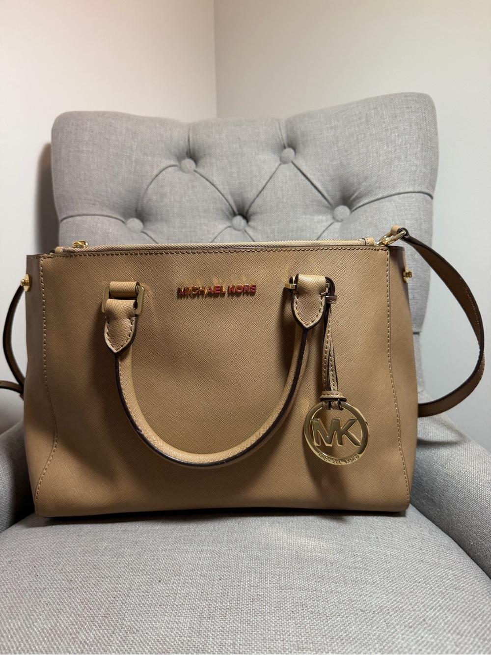 Michael Kors Beige/Tan Saffiano Leather Satchel with Gold Hardware